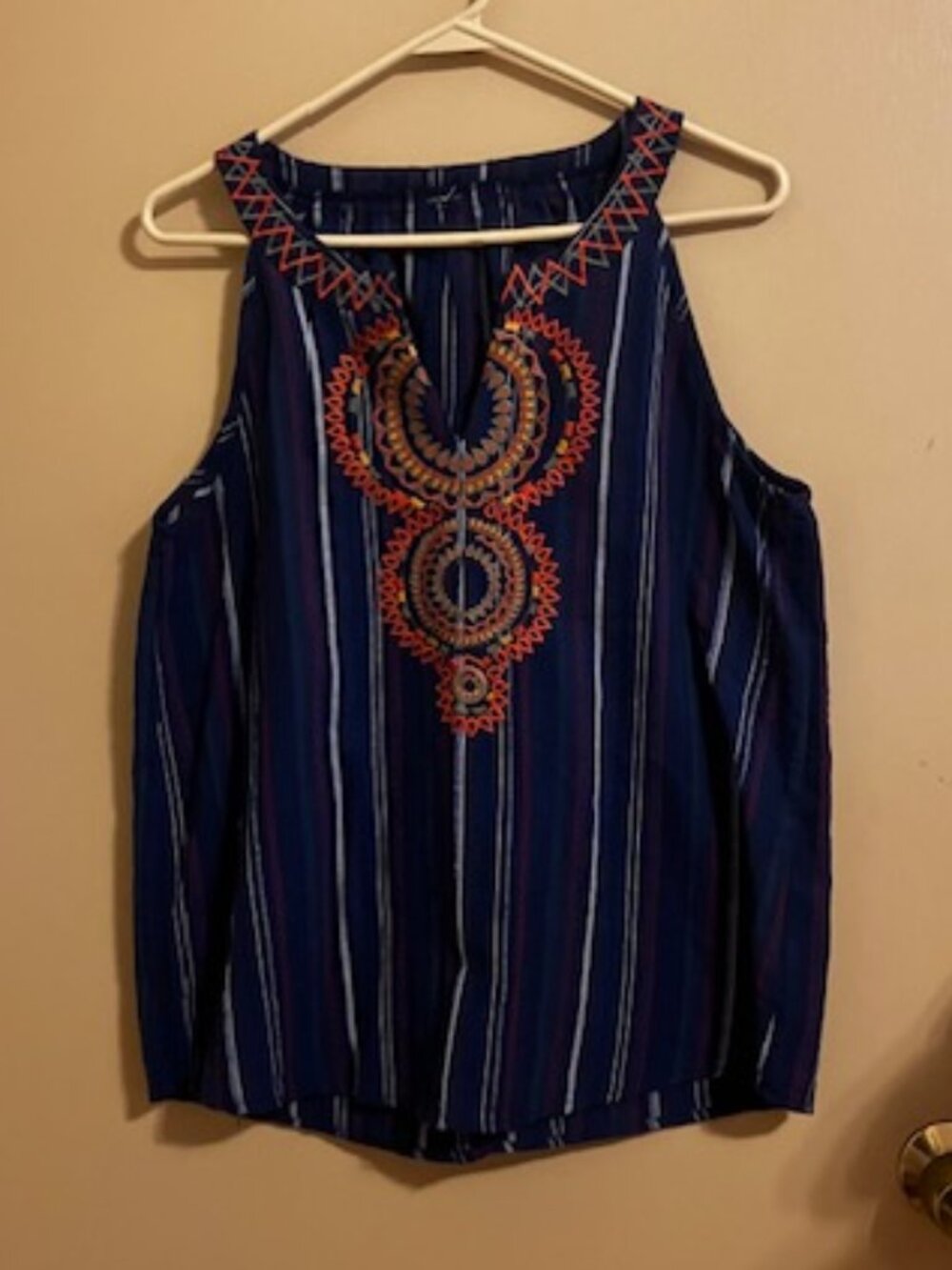 SELF Blue Striped Top with Medallion Embroidery